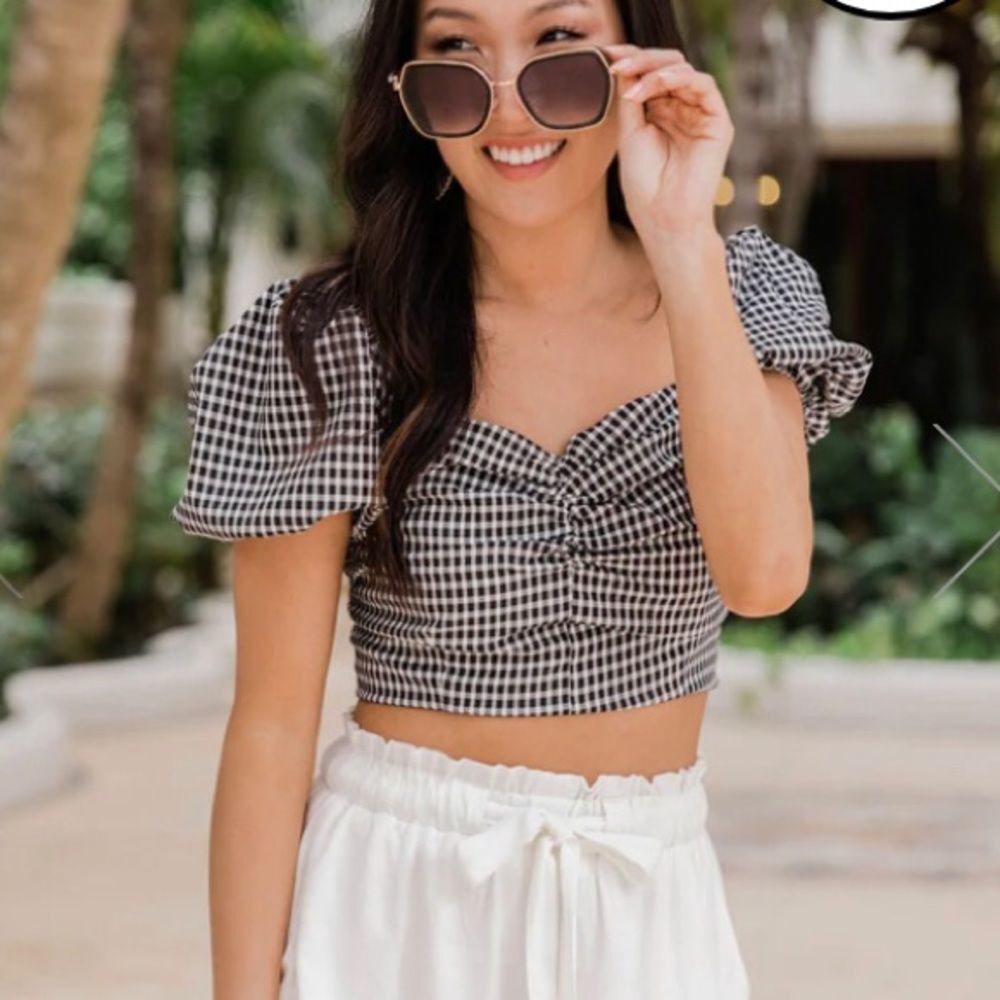 Pink Lily YOU'RE GENUINE CROPPED GINGHAM BLACK white Puff Sleeve Retro XXL